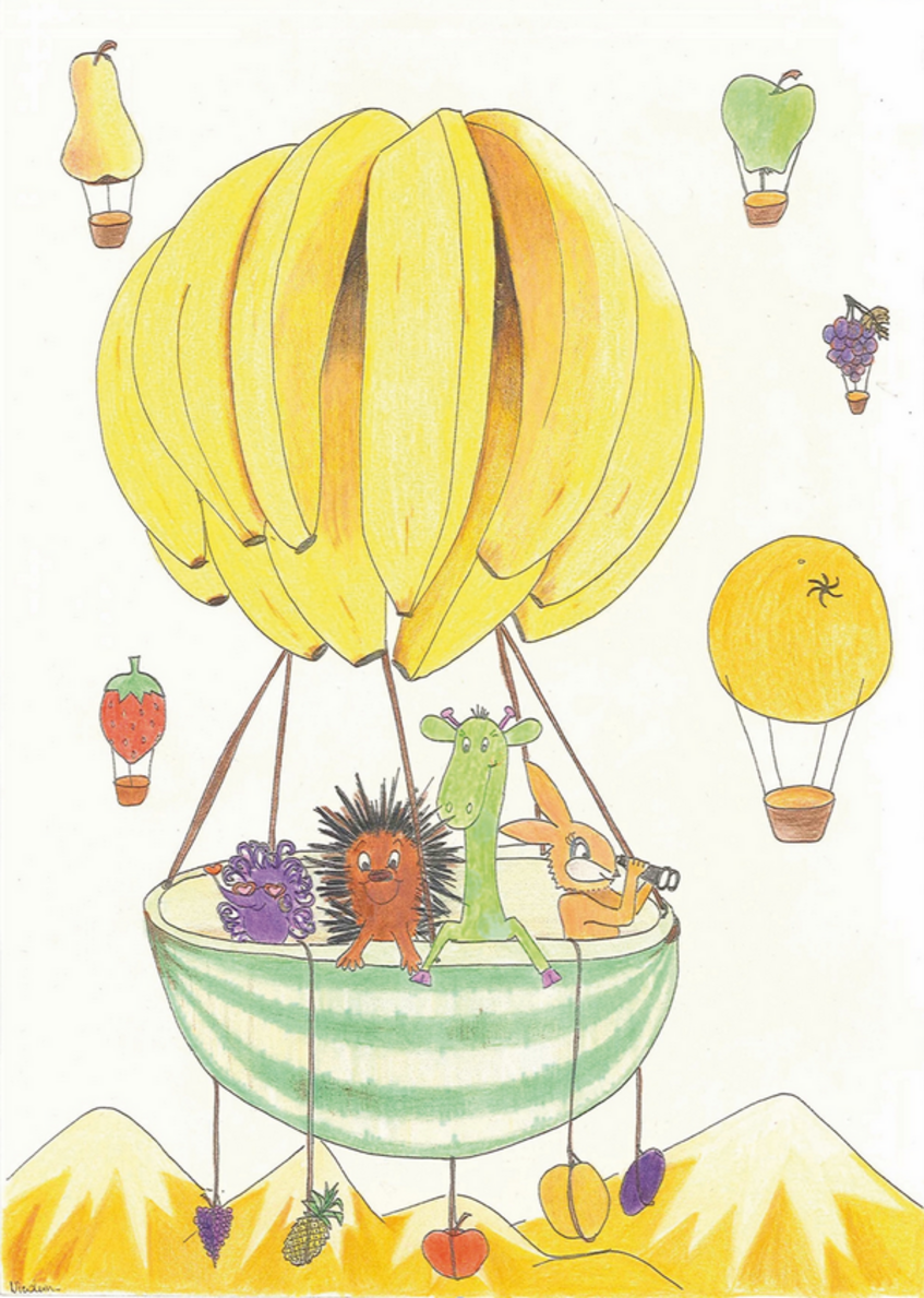 Das gezeichente Bild zeigt Ballons die aus verschiedenem Obst (Bananen, Melone, Erbeere, Birne, Orange) aufgebaut sind und über Bergen schweben. Im großen Bananenballon  (im Vordergrund) reisen zwei Igel, eine  Giraffe und ein Hase mit einem Fernrohr