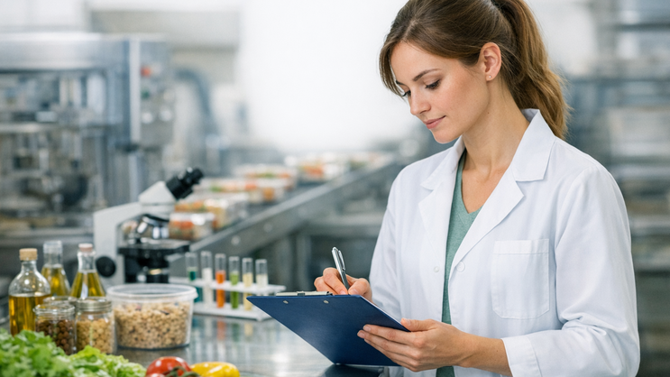 Die Abbildung stellt eine Ernährungswissenschaftlerin im Labor bei der Analyse von Lebensmitteln dar. 