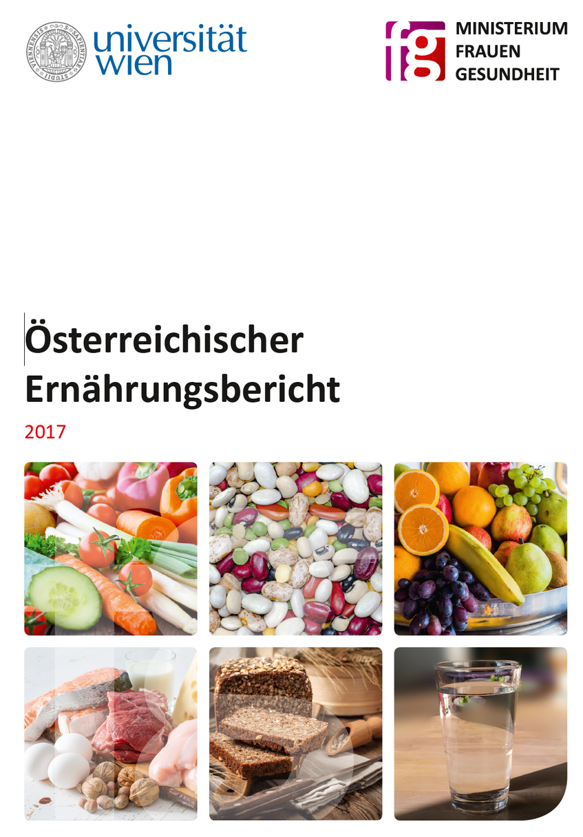 Bild zeigt die Titelseite des Österreichischen Ernährungsberichts 2017 und verlinkt zum Download; man sieht die Logos der Universität Wien und des BMGF, sowie Lebensmittel (Obst, Gemüse, Brot, Fleisch, Hülsenfrüchte  und Wasser)