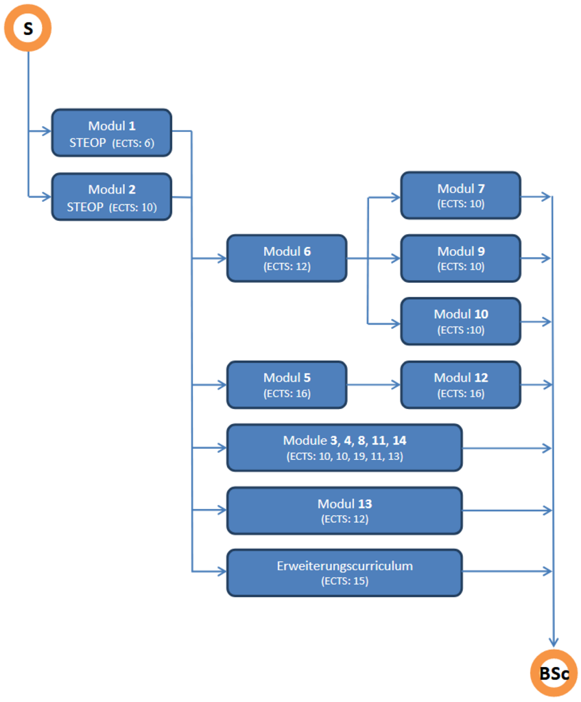 zeigt den Aufbau des Bachelorstudiums Ernährungswissenschaften (Version 2013): Modul 1+2 (STEOP) sind Grundvoraussetzung - es folgen Modul 6+5+3+4+8+11+14+13+Erweiterungscurriculum; Modul 6 ist Voraussetzung für Modul 7+9+10; Modul 5 für Modul 12